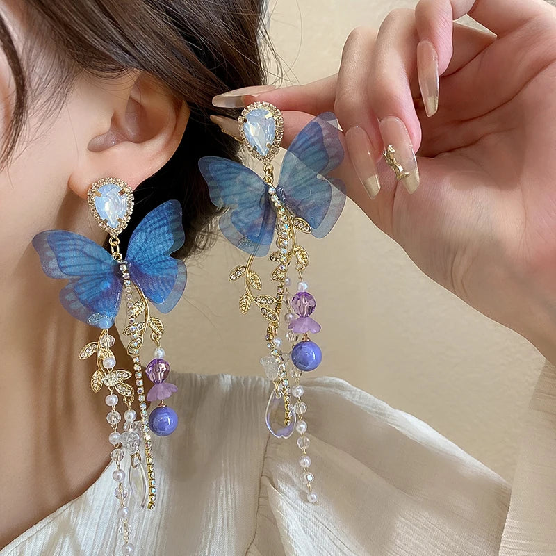 Pink Butterfly Tassel Earrings - Sparkly Crystal Drop Earrings