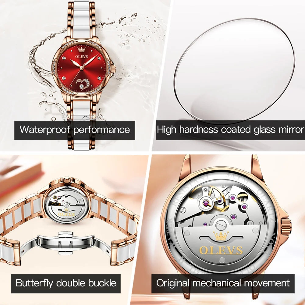 OLEVS Women's Luxury Automatic Mechanical Watch | Ceramic Band | Diamond Dial | Waterproof