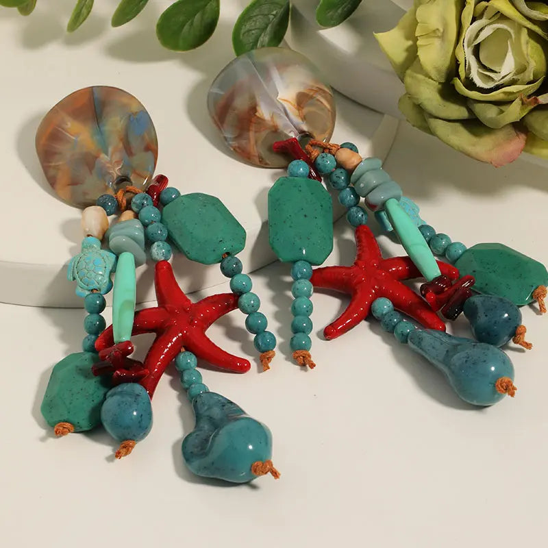 Bohemian Ocean Starfish Dangle Earrings Women Vintage Sea Turtle Beaded Long Drop Earrings Beach Vacation Holiday Jewelry Gift