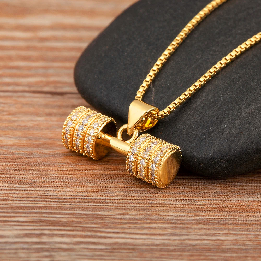 Gold Dumbbell Charm Pendant Necklace with Crystal Zircon