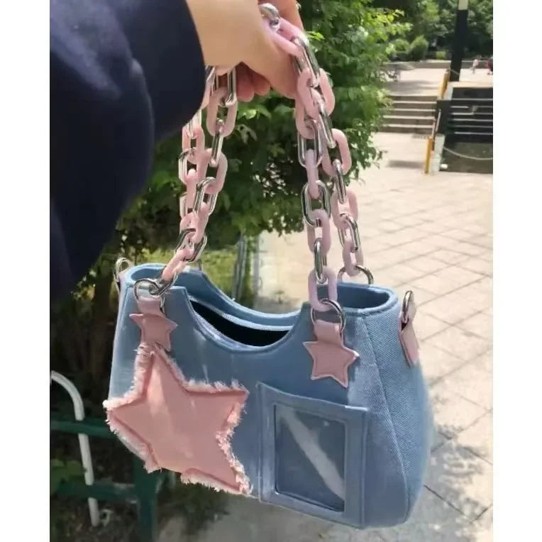 Women's Korean Denim Star Tote Bag – Chain Shoulder & Crossbody Handbag