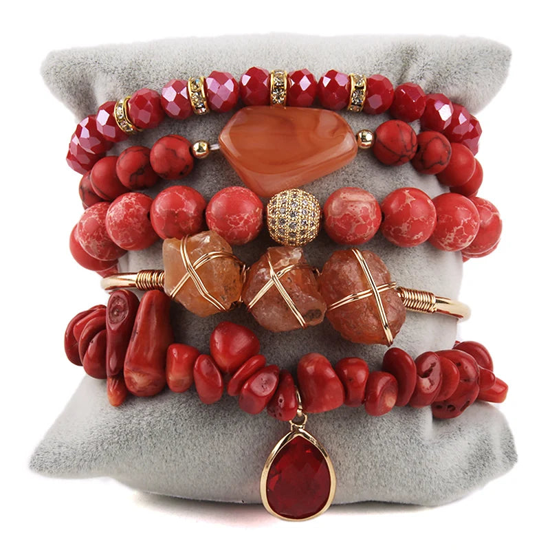 Natural Stone Beaded Bracelet Set - 5 Piece Bohemian Stack