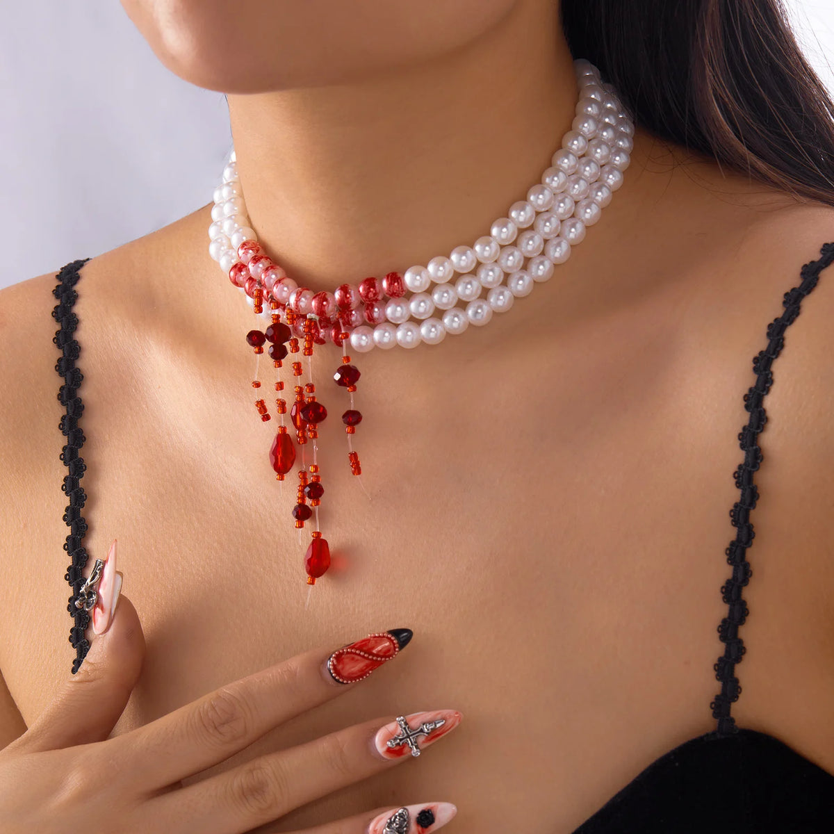 Halloween Faux Pearl Choker – Red Beaded Drops