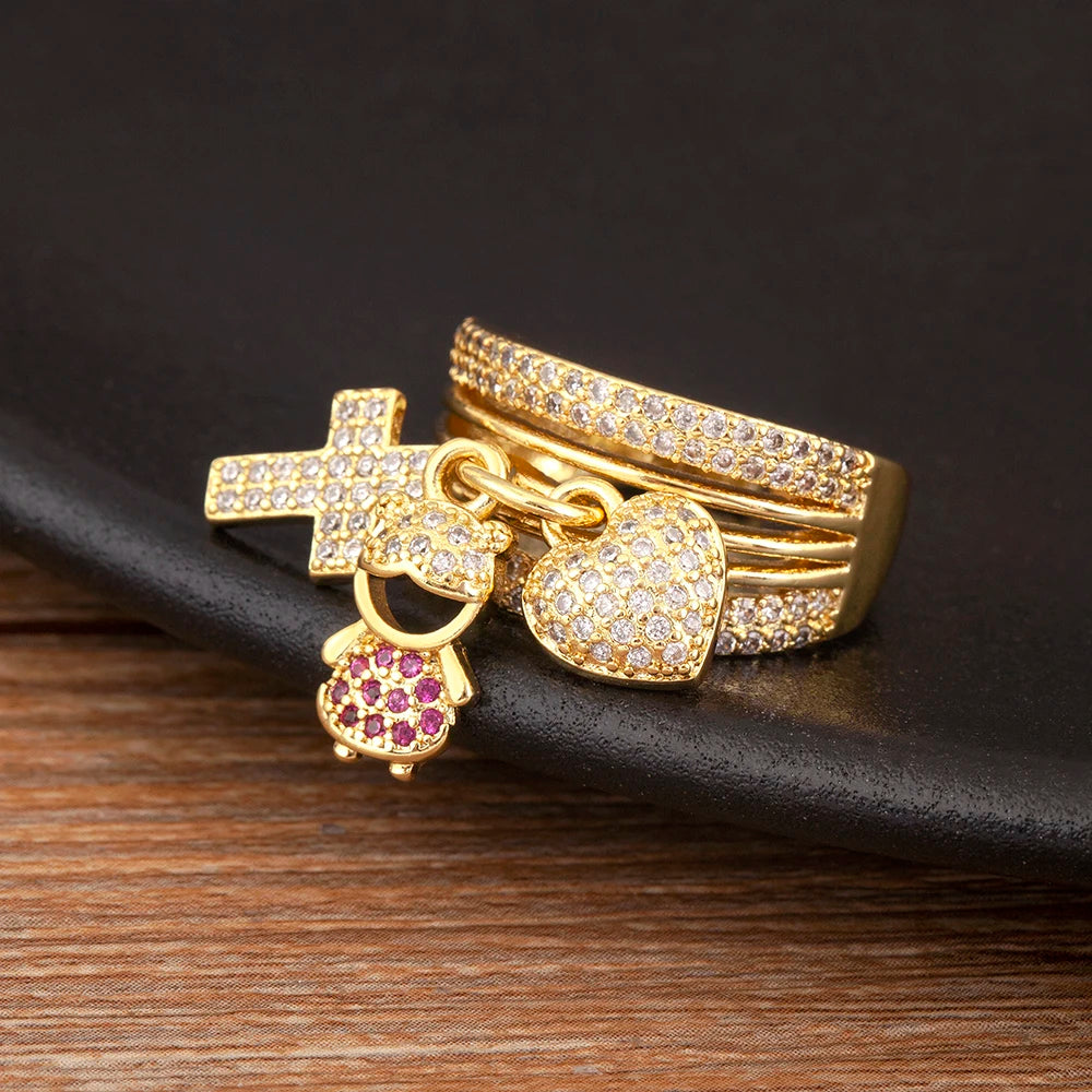 Women's Gold Plated Family Charm Ring – Adjustable