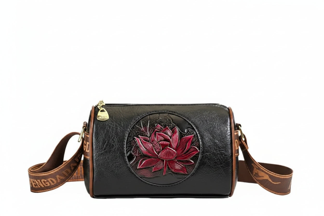Lotus Embossed Barrel Shoulder Bag | Soft PU Leather Crossbody Purse | Women's Boho Handbag | 3 Colors