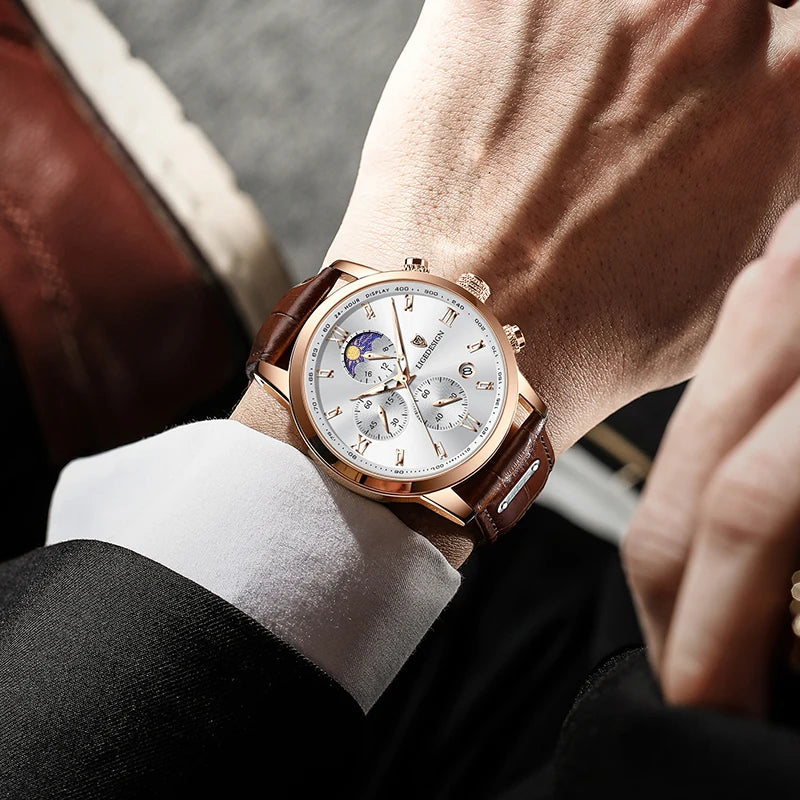 LIGE Men's Luxury Chronograph Watch | Moon Phase | Leather Band | Quartz Movement