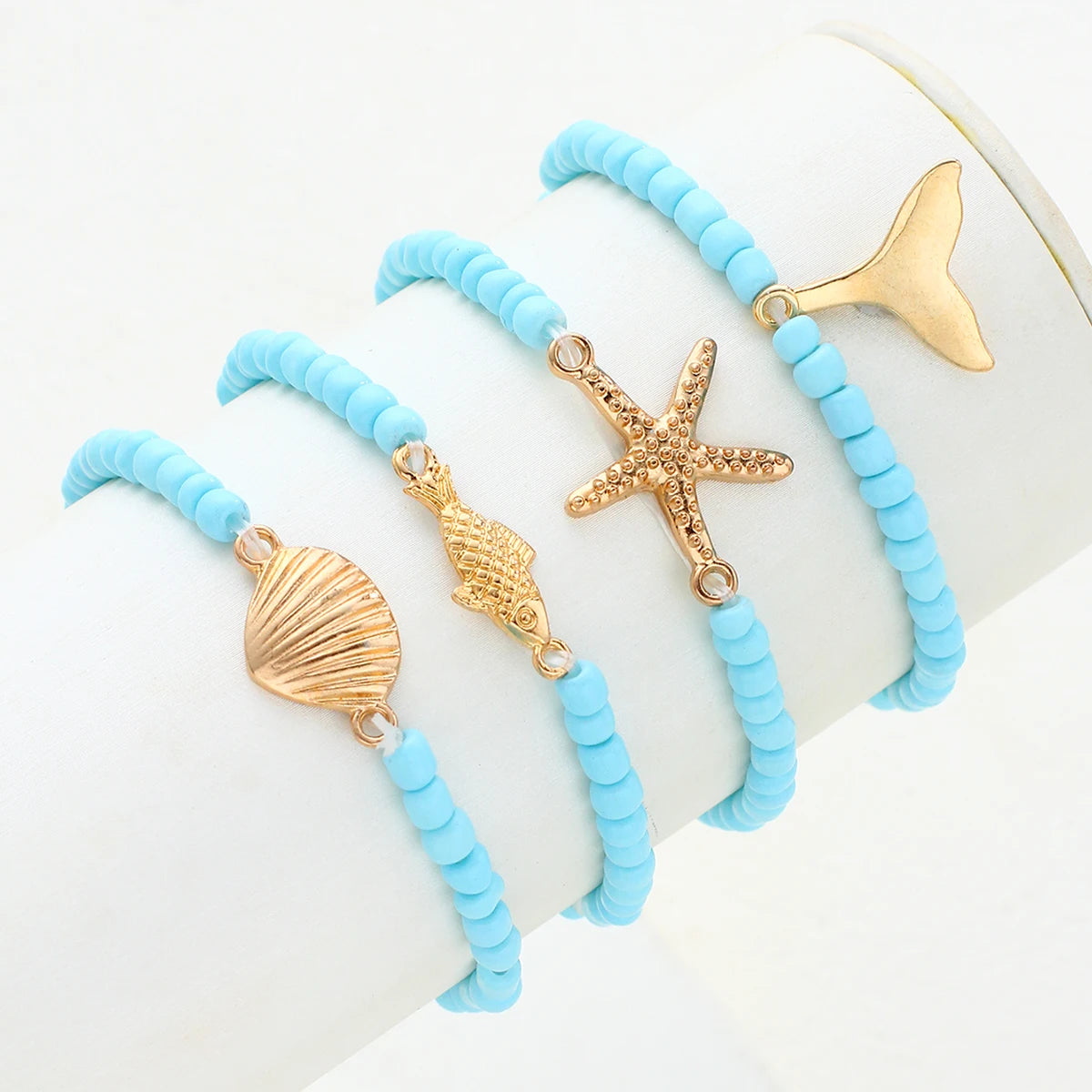 4 Pcs Ocean Themed Beaded Bracelet Set Women Blue Rice Bead Starfish Fish Shell Tail Charm Seaside Beach Vacation Trendy Jewelry