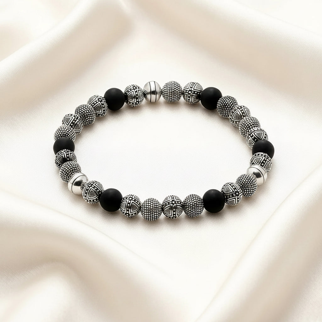 Men's 925 Sterling Silver Cross Beads & Obsidian Bracelet