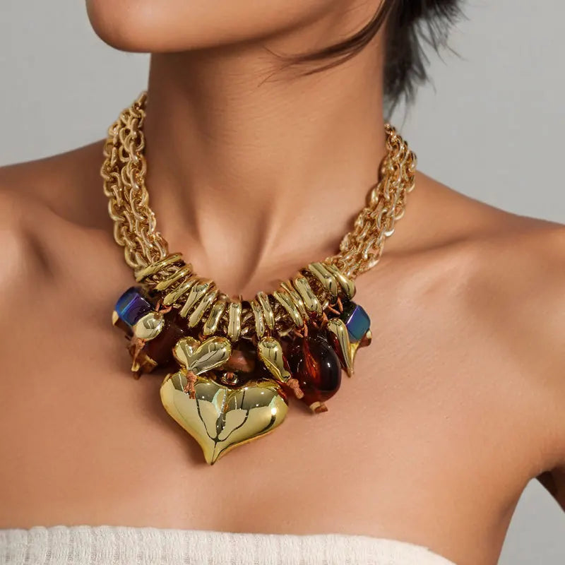 Statement Multi-layer Beaded Necklace Love Pendant for Women Girl Trendy Party Jewelry