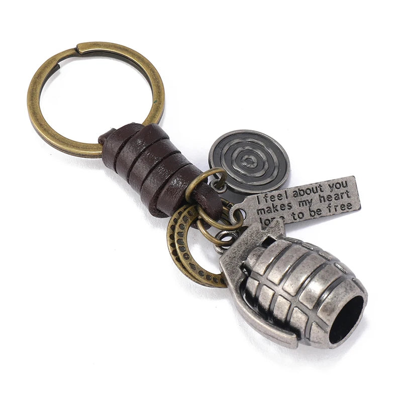Grenade Pendant Leather Keychain — Vintage Sentiment Tag | Men's Accessory