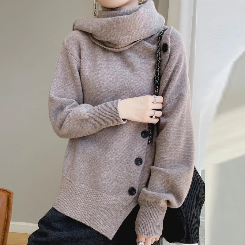 Autumn/Winter New Women's 100% Wool Cashmere Sweater Scarf Tie Button Pullover Loose Korean Fashion Knitted Women's Top