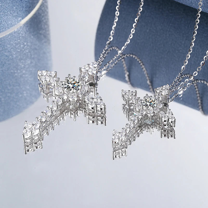 Moissanite Cross Pendant Necklace for Women Men Christian Real 925 Sterling Silver White Gold Jewelry Gifts