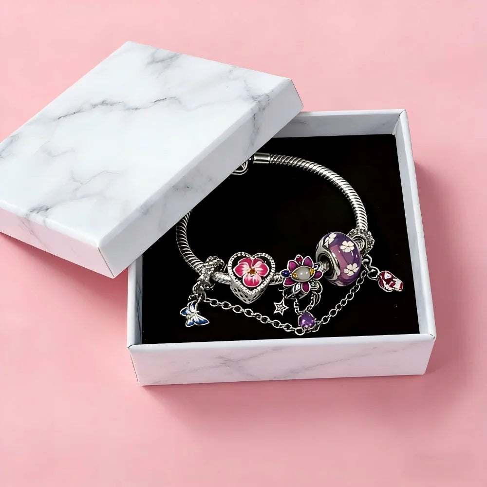 Charms Set 925 Silver Snowflake Murano Glass Beads Colored Pink Flowers Lotus Beaded DIY Love Bracelet Jewelry Gift with Box