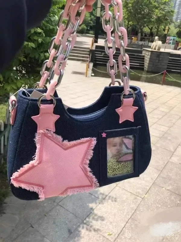 Women's Korean Denim Star Tote Bag – Chain Shoulder & Crossbody Handbag