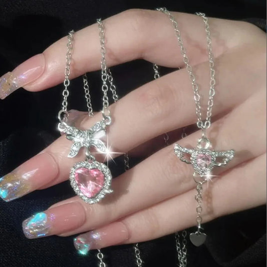 Romantic Pink Crystal Angel Wings Heart Pendant Necklace | Y2K Trendy Jewelry