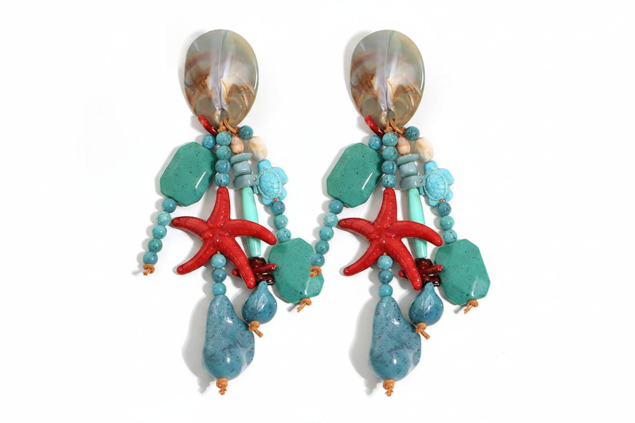 Bohemian Ocean Starfish Dangle Earrings Women Vintage Sea Turtle Beaded Long Drop Earrings Beach Vacation Holiday Jewelry Gift