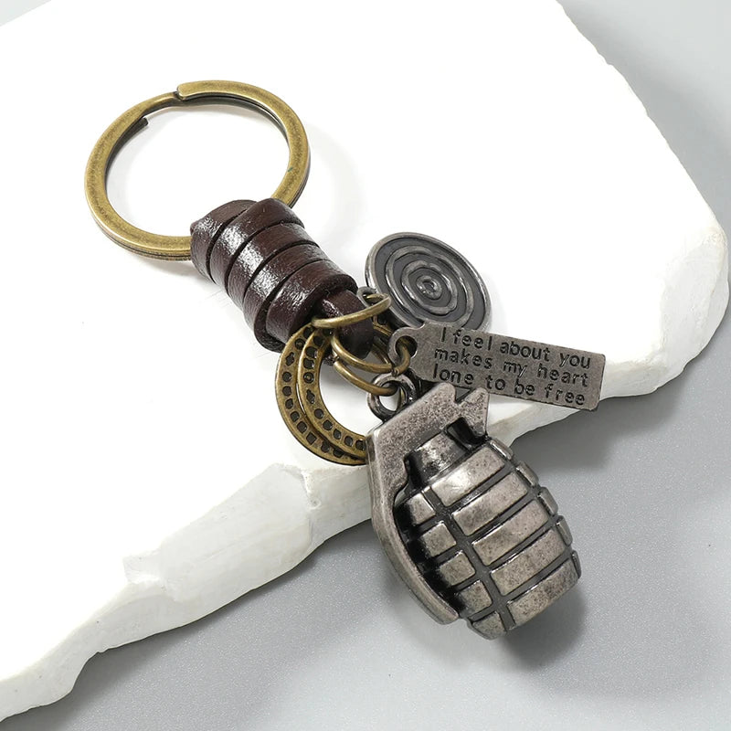Grenade Pendant Leather Keychain — Vintage Sentiment Tag | Men's Accessory