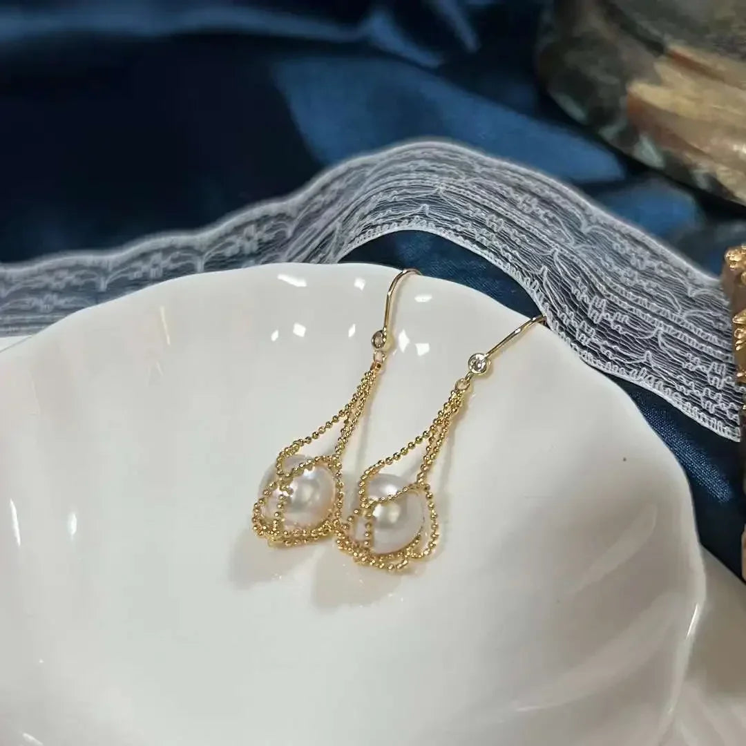 Lace Bean Lantern Earrings 10-11MM Edison Round Beads Freshwater Pearl Earrings Hanging Pearl Earrings Stud Jewelry