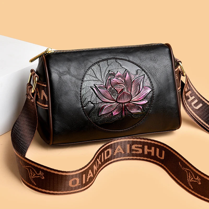 Lotus Embossed Barrel Shoulder Bag | Soft PU Leather Crossbody Purse | Women's Boho Handbag | 3 Colors