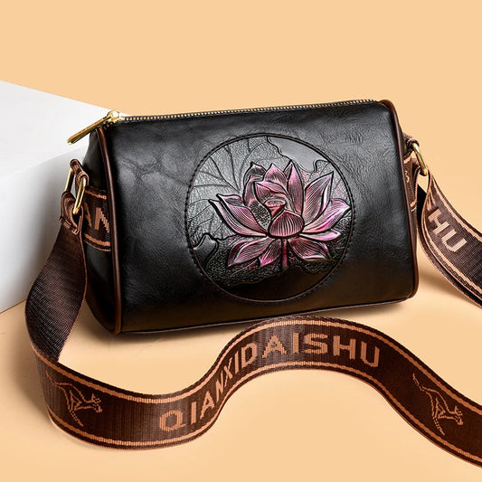 Lotus Embossed Barrel Shoulder Bag | Soft PU Leather Crossbody Purse | Women's Boho Handbag | 3 Colors