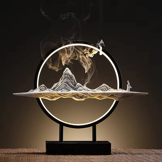 Chinese Style Mountain Waterfall Ceramic Backflow Incense Burner LED Light Without Incense