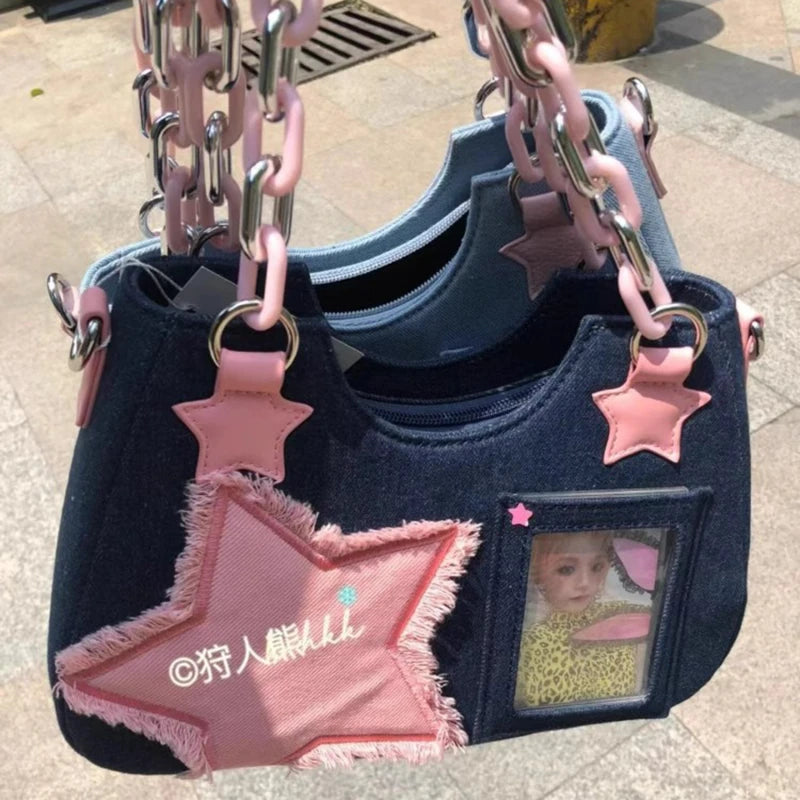 Y2k Fashion Women's Handbags Stars Pattern Cool Girls Underarm Bag Fashion Canvas Female Small Shoulder Bags Chain Tote Purses