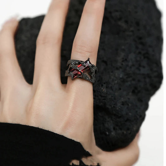 Punk Black Thorns Ring with Rhinestones | Open Adjustable Couple Ring