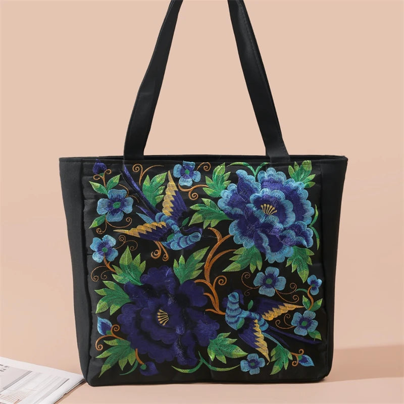 Flower Embroidery Canvas Tote Bag, Ethnic Style Shoulder Bag, Large Capacity Handbag For Women