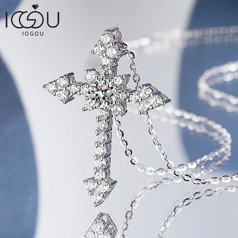 Moissanite Cross Pendant Necklace for Women Men Christian Real 925 Sterling Silver White Gold Jewelry Gifts