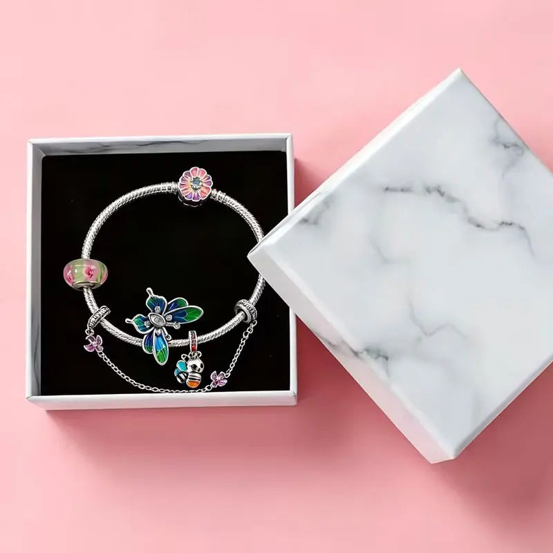 Charms Plants & Insects Flower Bee Butterfly Beads Bracelet Pendant Set Fine 925 Sterling Silver Jewelry Gift Box For Women