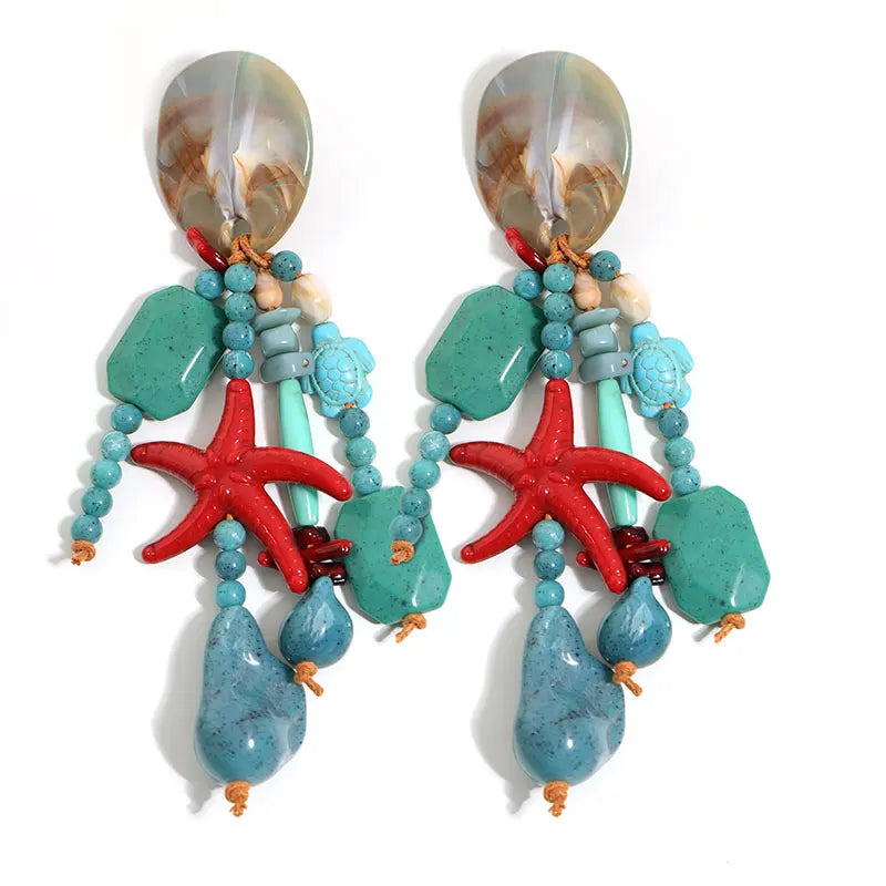 Bohemian Ocean Starfish Dangle Earrings Women Vintage Sea Turtle Beaded Long Drop Earrings Beach Vacation Holiday Jewelry Gift
