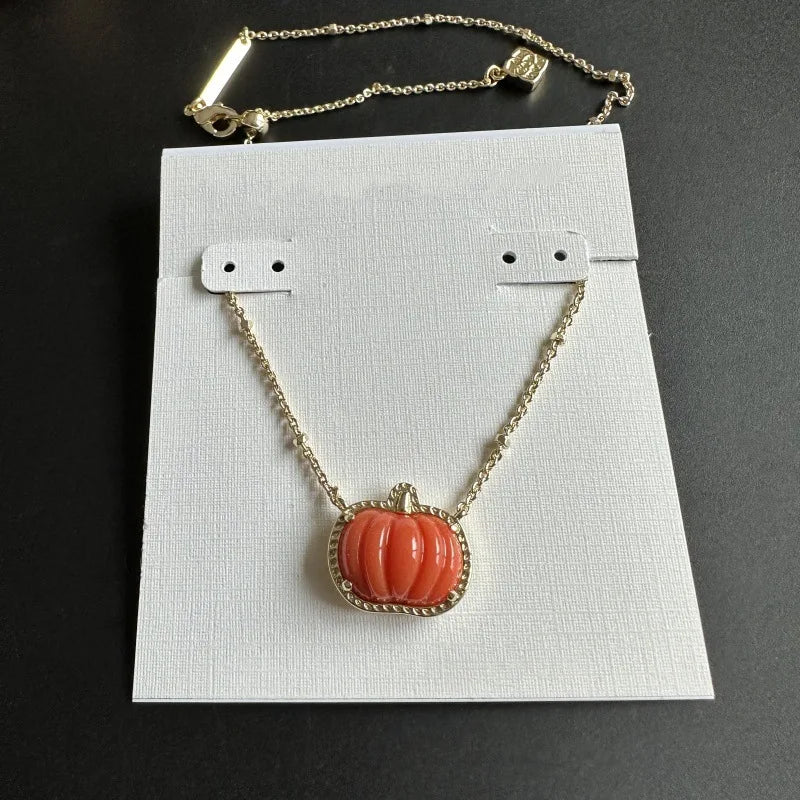 Halloween Orange Small Pumpkin Spooky Mood Gemstone Pendant Necklace for Women, Fashion Jewelry, Unique Gifts