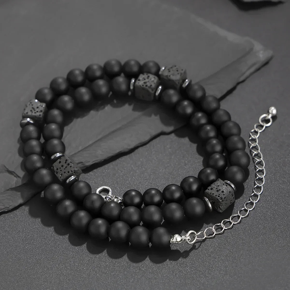 Men's 8mm Natural Matte Black Onyx & Lava Stone Bracelet & Necklace Set
