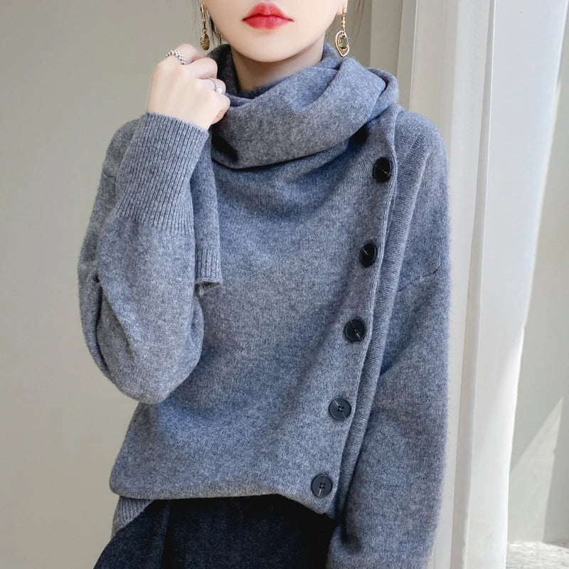 Autumn/Winter New Women's 100% Wool Cashmere Sweater Scarf Tie Button Pullover Loose Korean Fashion Knitted Women's Top