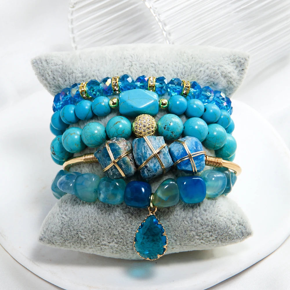 Natural Stone Beaded Bracelet Set - 5 Piece Bohemian Stack