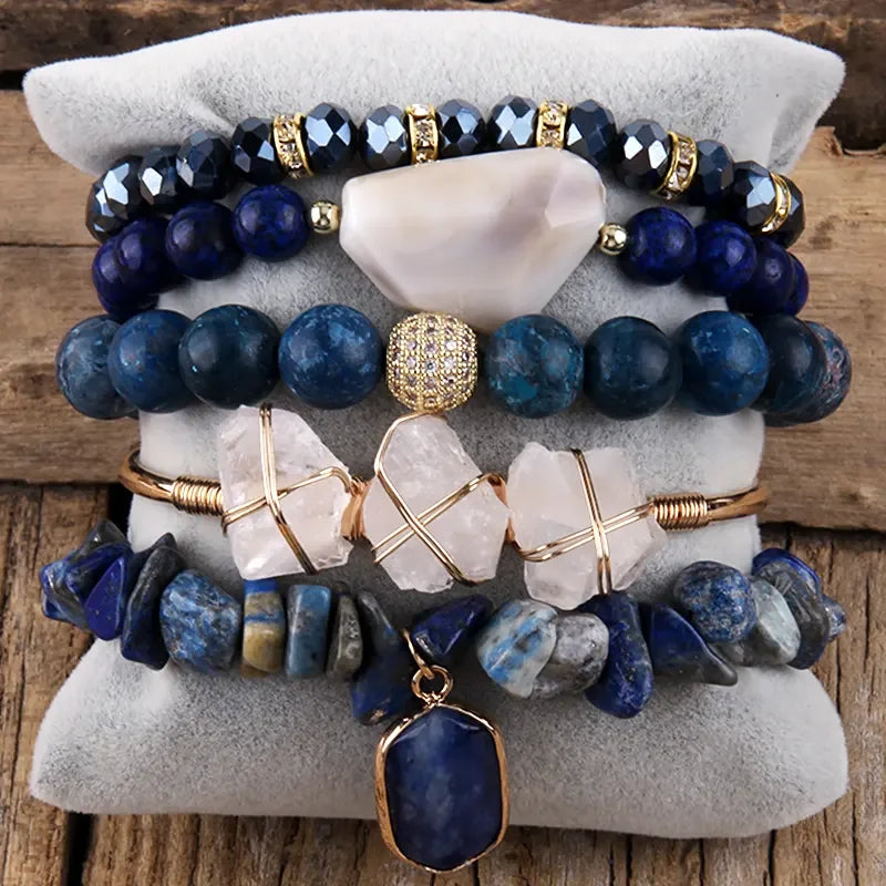 Natural Stone Beaded Bracelet Set - 5 Piece Bohemian Stack