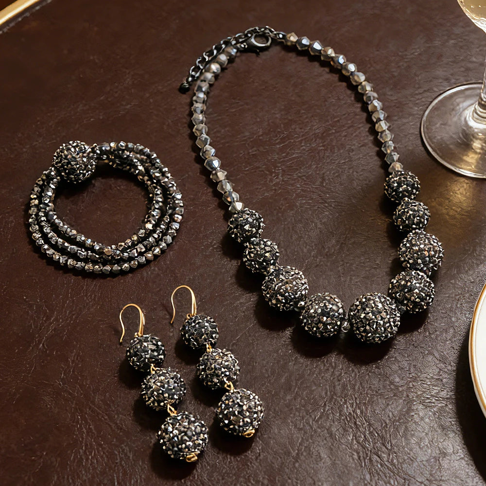 3-Piece Gunmetal Crystal Ball Jewelry Set - Chunky Paved Shamballa Ball Necklace, Drop Earrings & Bracelet - Sparkling Formal