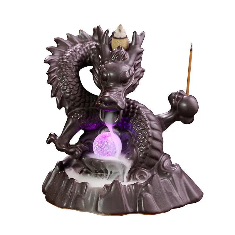 Ceramic Chinese Auspicious Dragon Backflow Incense Burner Creative LED Light Backflow Sandalwood Stove Home Decorations and Acce