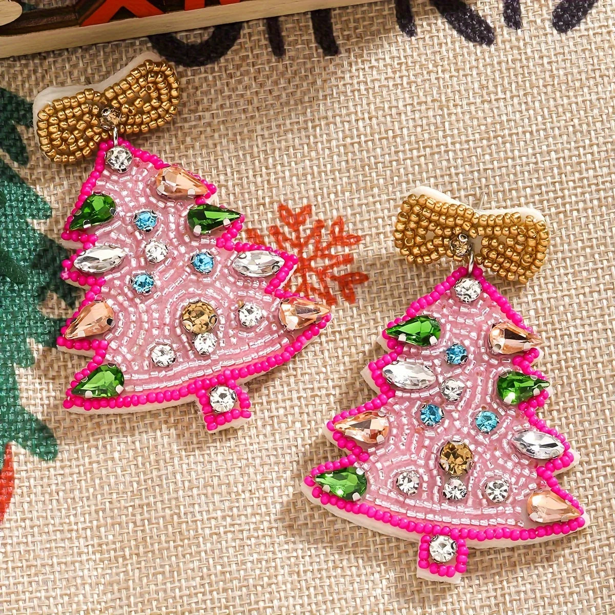 Boho Handmade Beaded Rhinestone Christmas Tree Earrings,Christmas Cute Rice Beaded Bow Festival Party Women Accessories