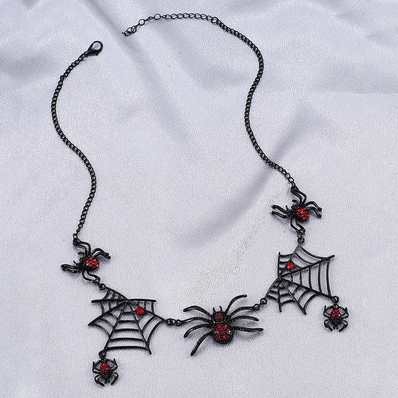 Gothic Black Spider Red Crystal Pendant Necklace For Women Spider Web Punk Goth Rock Unique Fashion Halloween Jewelry Party Gift