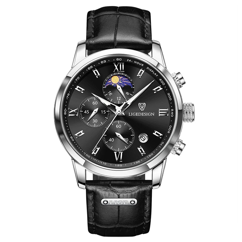 LIGE Men's Luxury Chronograph Watch | Moon Phase | Leather Band | Quartz Movement