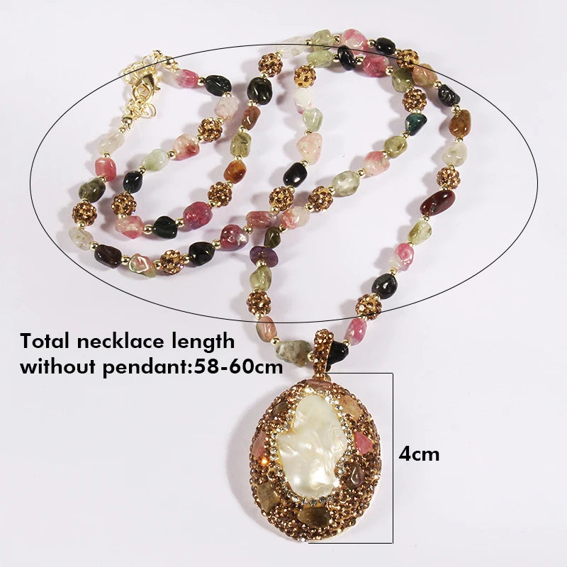 Fashion Bohemian Jewelry Accessory Multicolor Tourmaline stone and Crystal Baroque Pearl Pendant Necklaces For Women