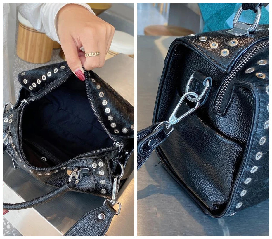 Female Real Horse Hair Shiny Evil Eyes Rhinestone Boston Side Bag Fashion Stylish Vegan Leather Big Capacity Short Handle Bag