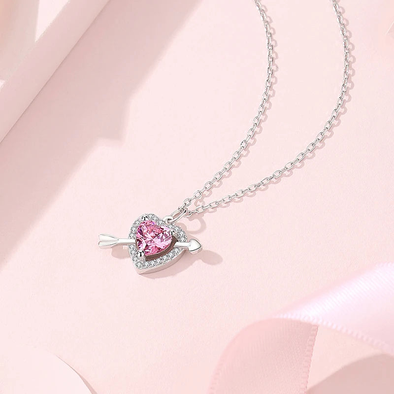 Silver 925 LOVE Necklace Women Cupid's Arrow Fairy Design Light Luxury Pink Zircon Diamond Charm Heart Shaped Pendent 45cm Chain