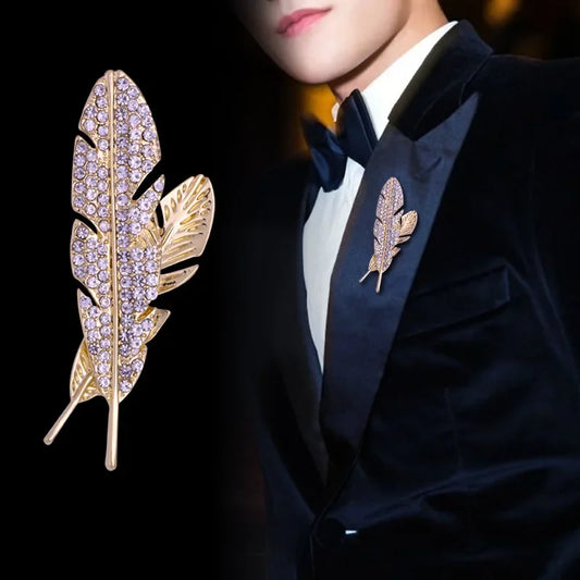 Men's Elegant Rhinestone Feather Brooch – Suit Lapel Pin