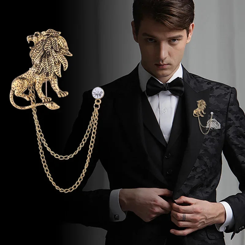 Men's Crystal Lion Brooch with Double Tassel Chain – Suit Lapel Pin