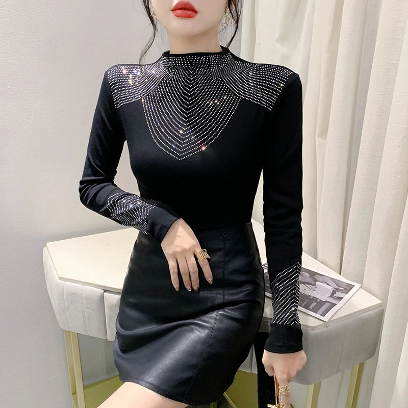 Fall Winter European Clothes T-Shirt Chic Sexy Turtleneck Shiny Diamonds Women Tops Long Sleeve Bottoming Shirt Tees 311051