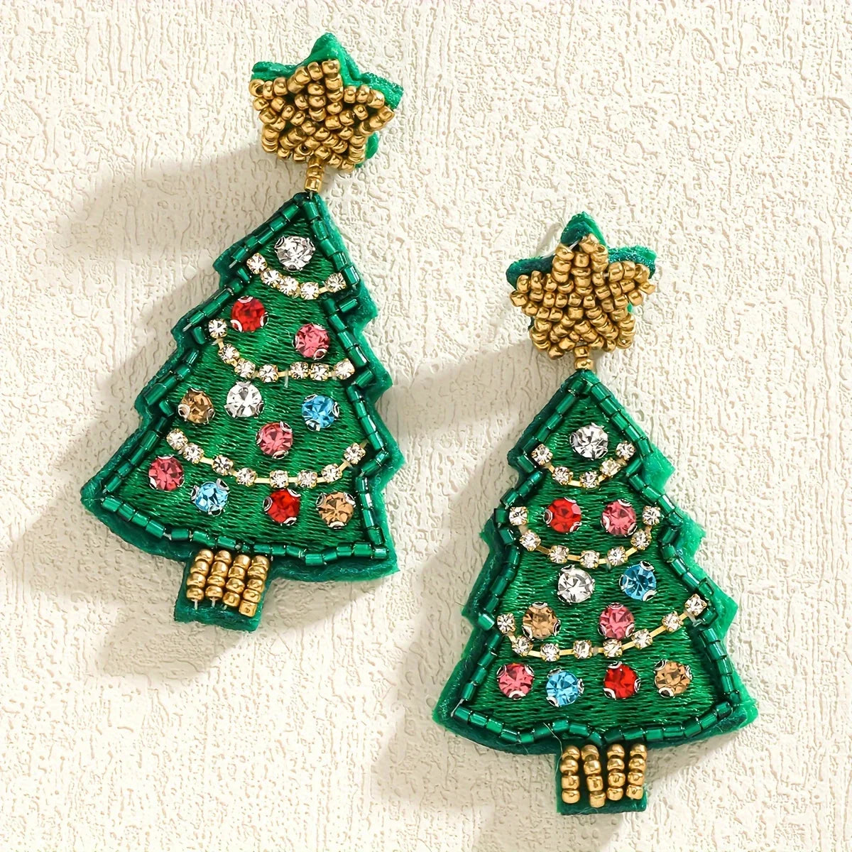 Boho Handmade Beaded Rhinestone Christmas Tree Earrings