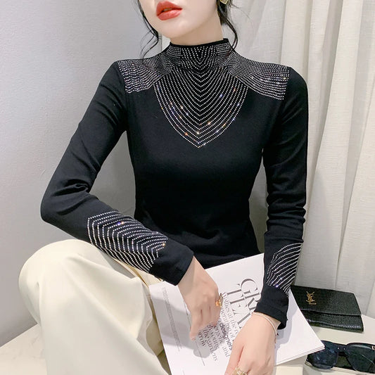 Fall Winter European Clothes T-Shirt Chic Sexy Turtleneck Shiny Diamonds Women Tops Long Sleeve Bottoming Shirt Tees 311051