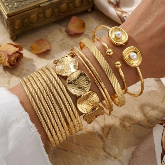 14-Piece Gold Bangle Bracelet Set | Boho Stackable Cuff Bracelets for Women